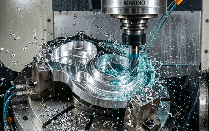 High-precision machining process on a 5-axis CNC machining center.