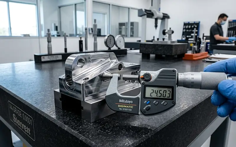 Quality control metrology inspection of CNC machined parts using a digital micrometer.